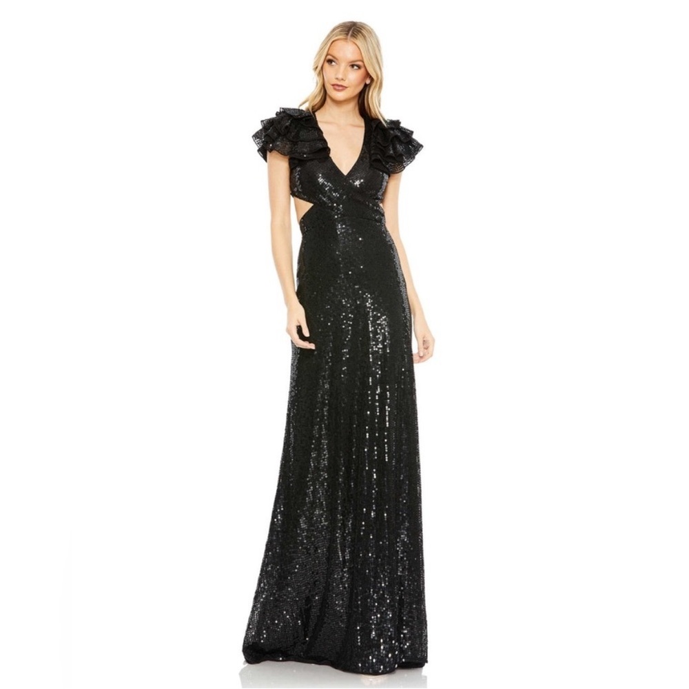 Mac Duggal Sequined Ruffled Cut Out Lace Up Gown‎ Black NWT 8 10829